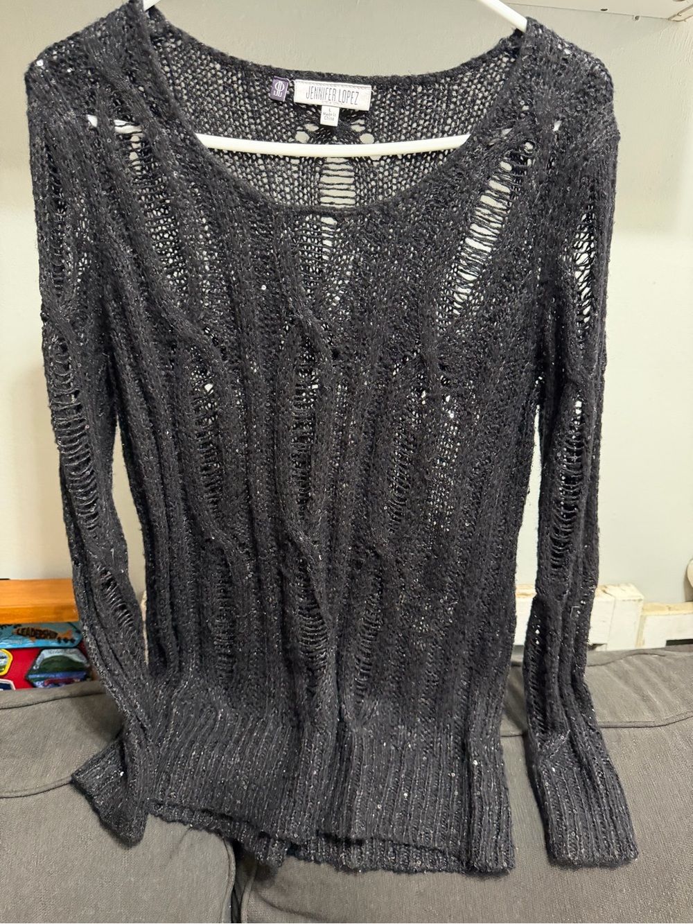 Jennifer Lopez Black Distressed Open-Weave Crew Sweater